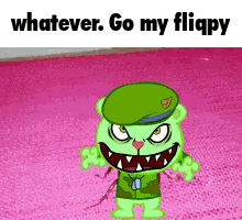 a cartoon character is standing on a pink carpet and says whatever go my flippy