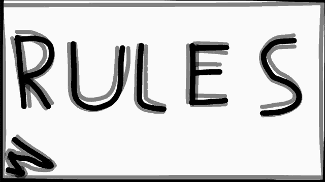 a black and white drawing of the word rules with an arrow pointing to the right