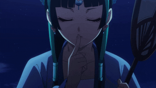 a girl with green hair and a heart on her forehead holds her hand to her forehead