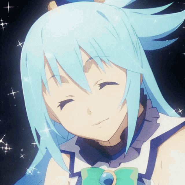 a girl with blue hair and a green bow is smiling with her eyes closed