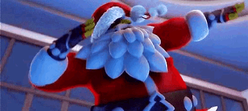 a cartoon character in a santa suit is standing on a staircase .