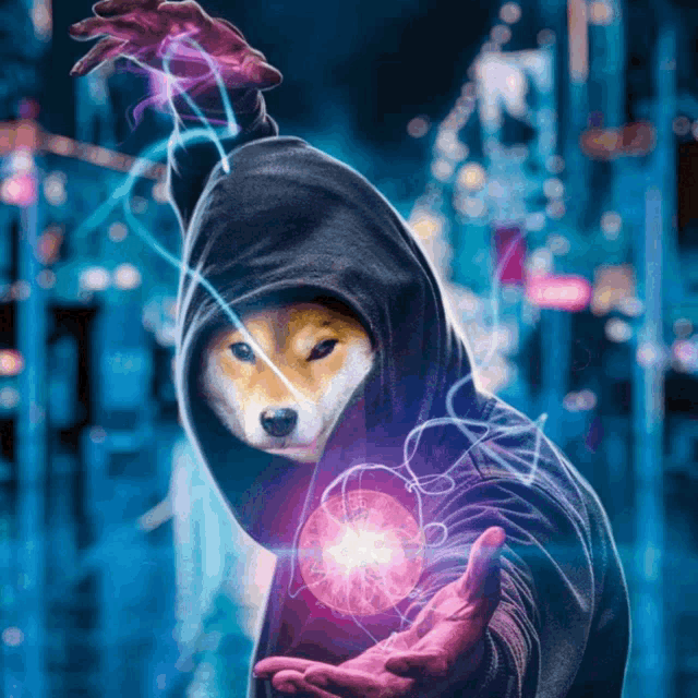 a painting of a dog in a hoodie holding a purple object