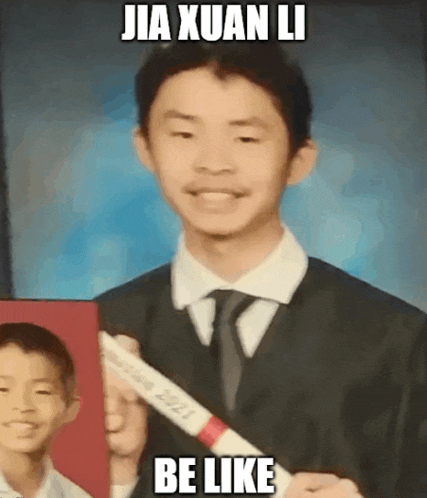 a young man in a suit and tie holding a diploma with jia xuan li be like written below him