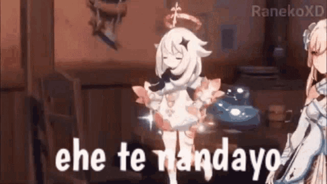 a cartoon girl is standing in a room with the words `` ehe te nandayo '' written on the bottom .