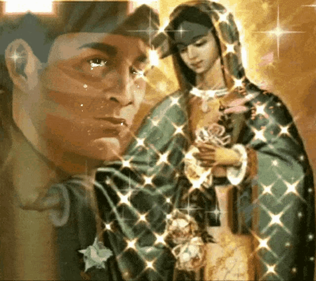 a painting of a man crying next to a woman holding a rose