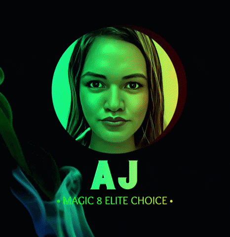 a picture of a woman with aj magic & elite choice written below it