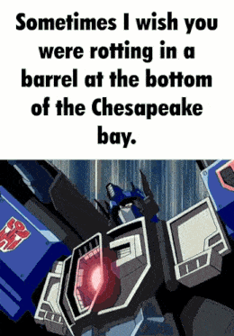 a transformer says sometimes i wish you were rotting in a barrel at the bottom of the chesapeake bay .