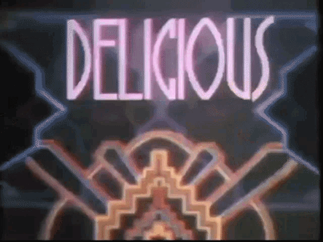 a neon sign that says delicious on it with a spider in the background