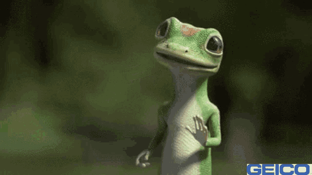 a green and white gecko is standing in front of a sign that says geico