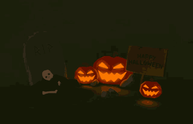 a sign that says happy halloween sits next to pumpkins
