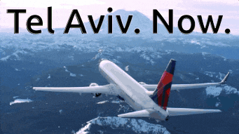 an advertisement for tel aviv now with a plane flying over mountains