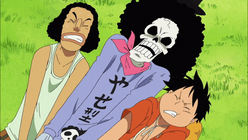 a group of cartoon characters including a skeleton with chinese writing on his sleeve