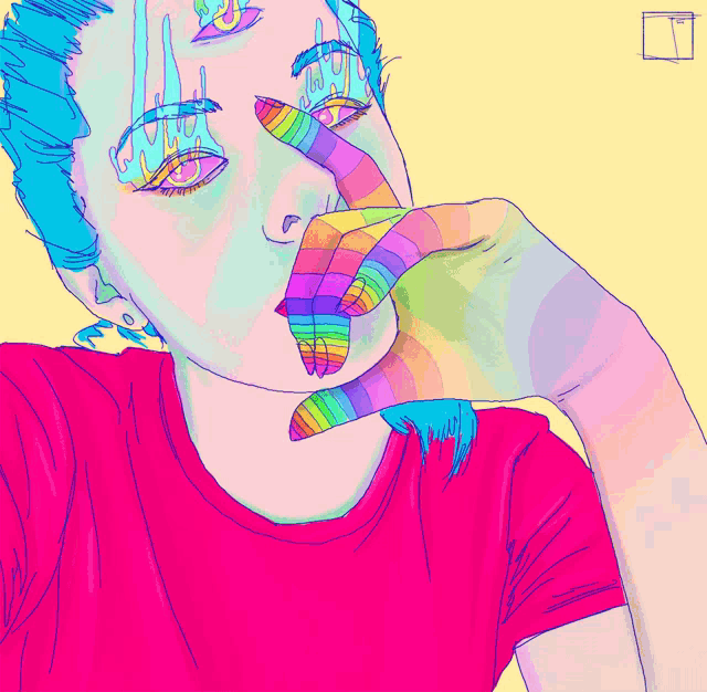 a drawing of a woman with a rainbow colored hand on her chin