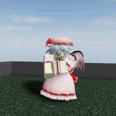 a cartoon character in a pink dress is standing on a grassy field