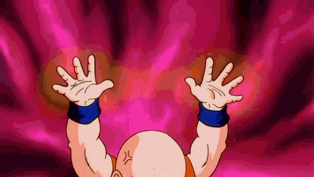 a cartoon character has his hands up in the air .