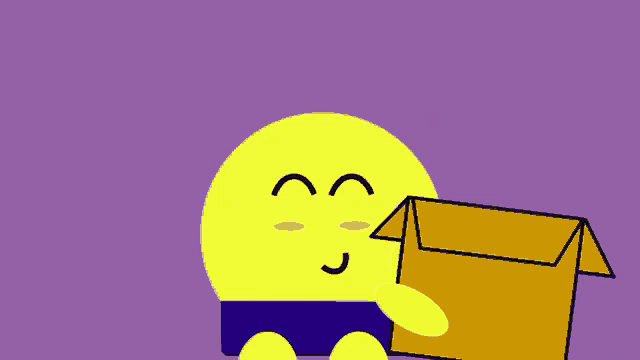 a yellow smiley face holding a cardboard box on a purple background