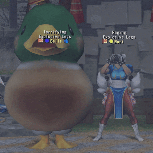 a video game character is standing next to a large duck with the words terrifying explosive legs bella and raging explosive legs nori