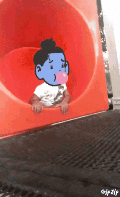 a cartoon of a girl blowing a bubble while sitting on a slide