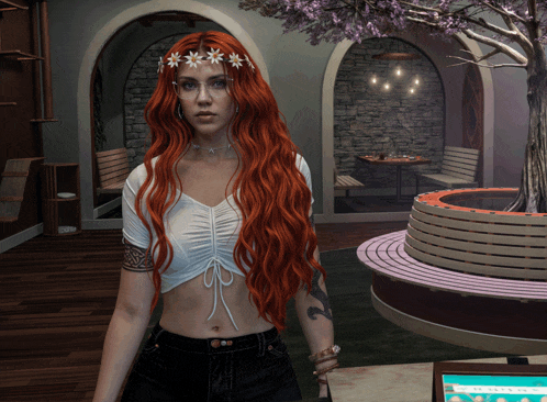 a woman with red hair is wearing a white crop top