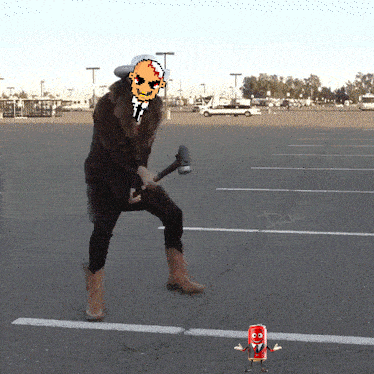a pixel art of a man holding a hammer in a parking lot with a can of soda in the foreground