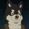 a close up of a cartoon dog wearing a brown jacket and a brown vest .