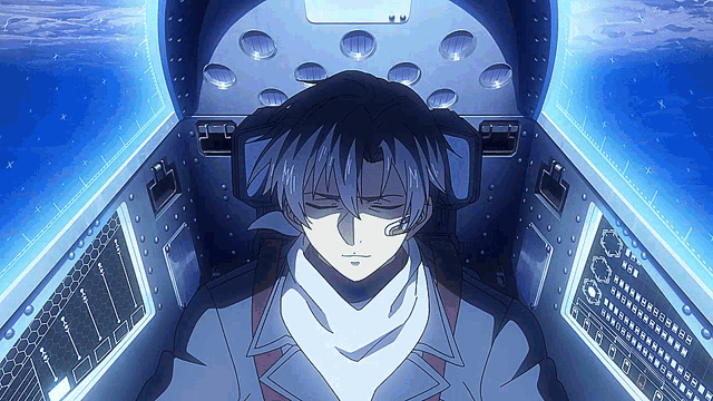 a man is sitting in the cockpit of an airplane with his eyes closed and a blue background