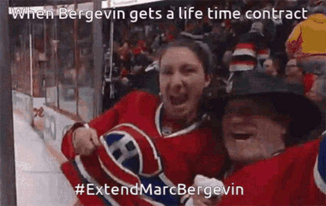 a woman in a canadiens jersey is being held by a man in a hat
