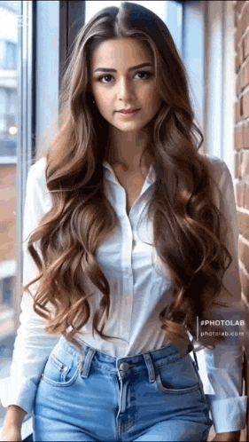a woman with long hair is standing in front of a window wearing a white shirt and blue jeans .