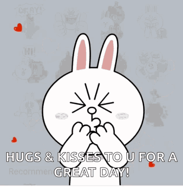 a cartoon bunny holding a red heart with the words hugs & kisses to u for a great day