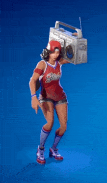 a girl in a red jersey is holding a boombox over her head .