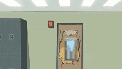 a cartoon drawing of a room with a broken door and lockers .