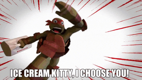 a teenage mutant ninja turtle holding an ice cream cone with the words ice cream kitty i choose you on the bottom
