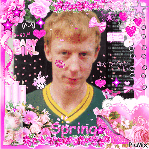 a picture of a man with pink flowers and the word spring on the bottom