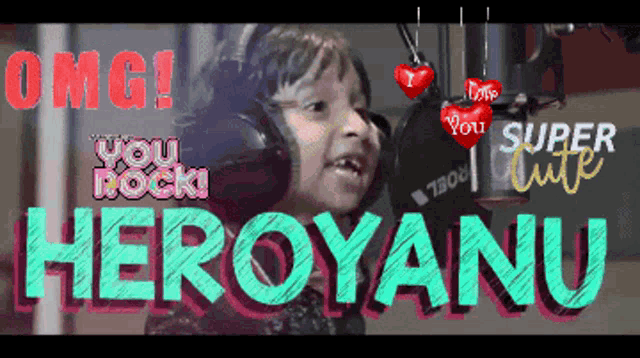 a little girl is singing into a microphone with the words omg you rock heroyanu