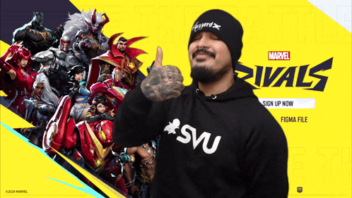 a man is giving a thumbs up in front of a marvel rivals sign up page