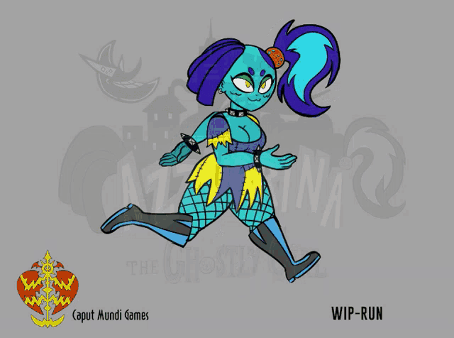 a cartoon drawing of a girl with the words caput mundi games behind her