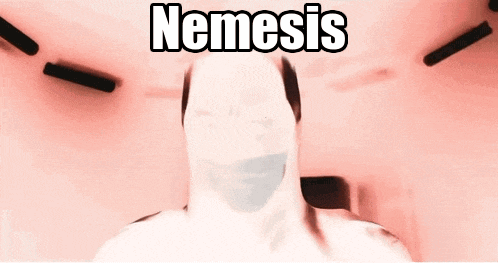 a man with a mask on his face and the words nemesis i 'm man below him