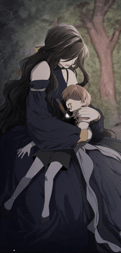 a woman with long black hair is holding a small child