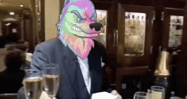 a cartoon of a wolf sitting at a table with a bottle of champagne