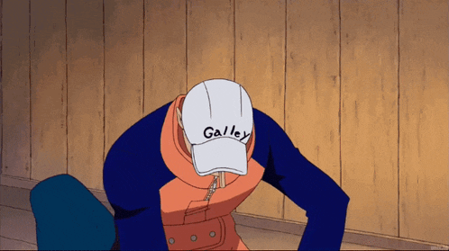 a cartoon character wearing a white cap with the word galley on it