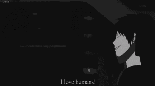 a black and white drawing of a man laughing and saying `` i 'm in love with them '' .