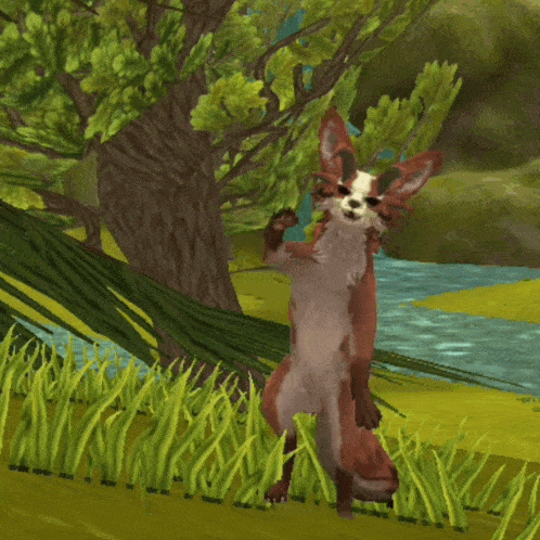 a fox is standing in the grass near a tree