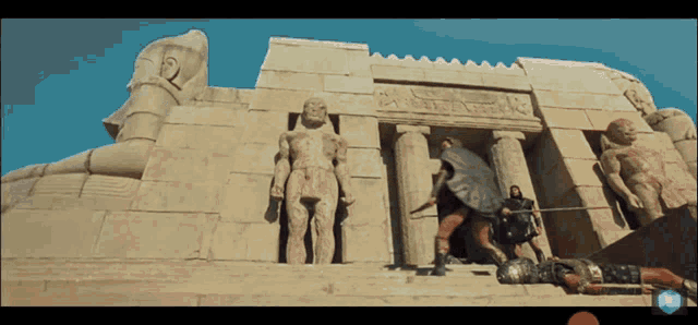a statue of a man with a sword stands in front of a building that says egyptian