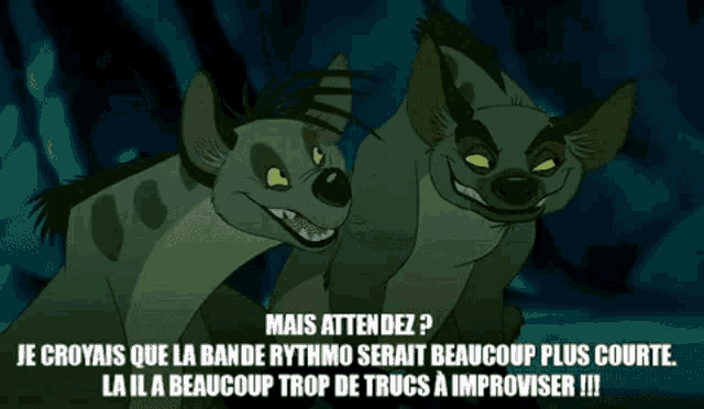 two hyenas are standing next to each other with the caption mais attendez on the bottom