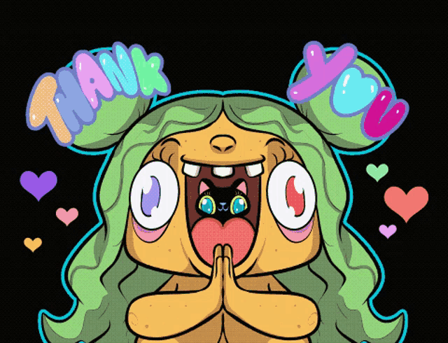 a cartoon drawing of a girl saying thank you with hearts around her