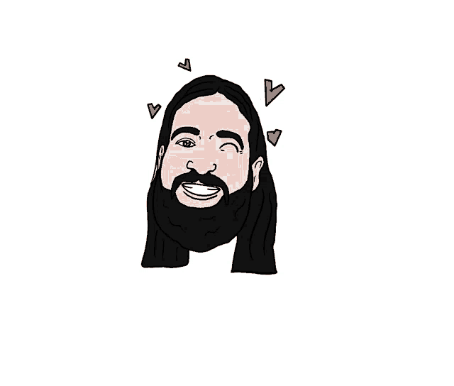 a drawing of a man with a beard and long hair with hearts around his head