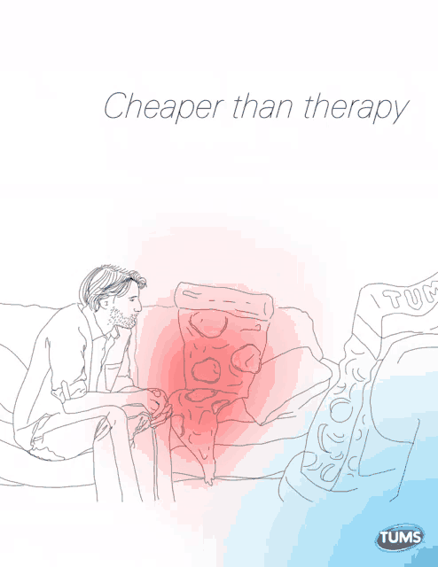 an advertisement for tums shows a man sitting on a couch with a slice of pizza on his lap