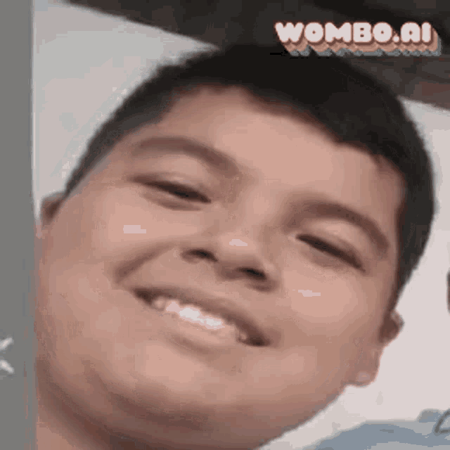 a close up of a young boy 's face with a wombo.ai logo in the corner .