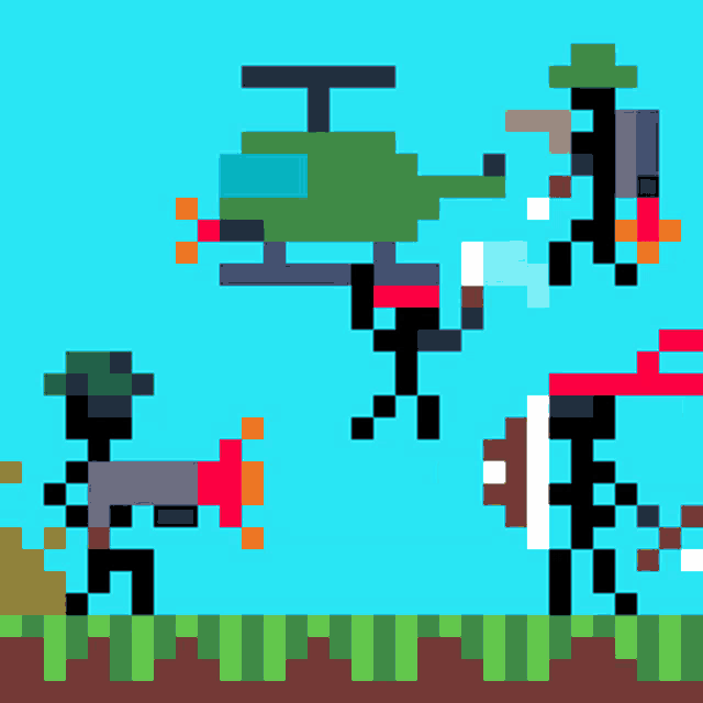 a pixel art drawing of a helicopter and two stick figures