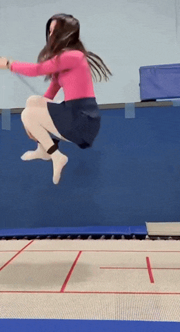 a woman in a pink top and blue skirt is jumping on a trampoline ..
